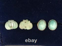 2 Pair Antique Jadeite Jade Earrings Signed 14k Jade Cabochon & Carved Jade