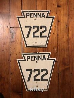 2 Pennsylvania Keystone Sign ROUTE 722 Penna Highway Antique Vintage OLD Pair