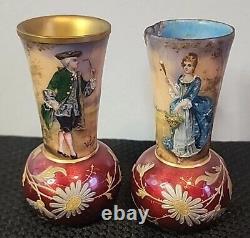 2 Rare 1800s Antique Miniature French Limoge Vases Foil Couple Signed Vilert