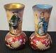 2 Rare 1800s Antique Miniature French Limoge Vases Foil Couple Signed Vilert