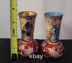 2 Rare 1800s Antique Miniature French Limoge Vases Foil Couple Signed Vilert