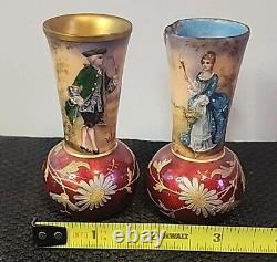 2 Rare 1800s Antique Miniature French Limoge Vases Foil Couple Signed Vilert