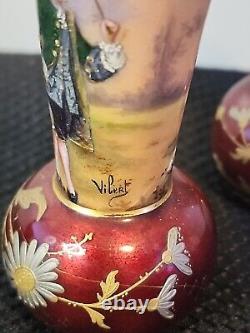 2 Rare 1800s Antique Miniature French Limoge Vases Foil Couple Signed Vilert