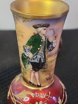 2 Rare 1800s Antique Miniature French Limoge Vases Foil Couple Signed Vilert