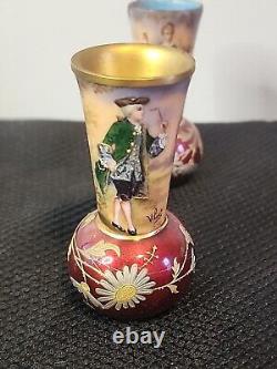 2 Rare 1800s Antique Miniature French Limoge Vases Foil Couple Signed Vilert