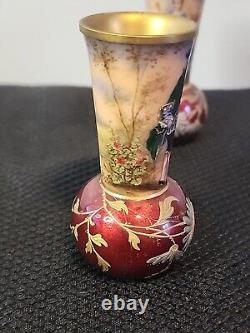 2 Rare 1800s Antique Miniature French Limoge Vases Foil Couple Signed Vilert