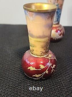 2 Rare 1800s Antique Miniature French Limoge Vases Foil Couple Signed Vilert