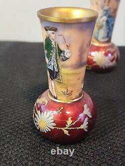 2 Rare 1800s Antique Miniature French Limoge Vases Foil Couple Signed Vilert