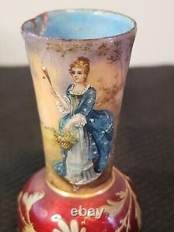 2 Rare 1800s Antique Miniature French Limoge Vases Foil Couple Signed Vilert