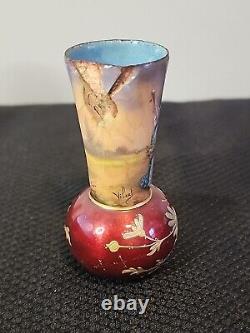 2 Rare 1800s Antique Miniature French Limoge Vases Foil Couple Signed Vilert