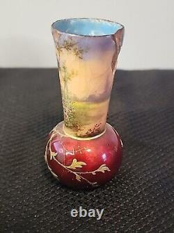 2 Rare 1800s Antique Miniature French Limoge Vases Foil Couple Signed Vilert