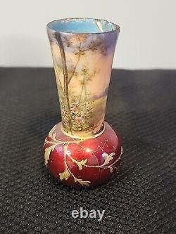 2 Rare 1800s Antique Miniature French Limoge Vases Foil Couple Signed Vilert