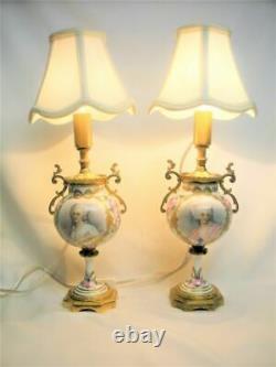 2 Serves Style Hand Painted Portrait Porcelain Brass Ormolu Lamp Pair Works Mint