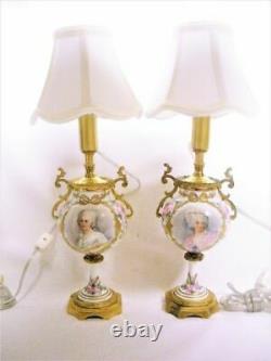 2 Serves Style Hand Painted Portrait Porcelain Brass Ormolu Lamp Pair Works Mint