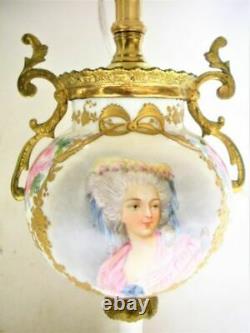 2 Serves Style Hand Painted Portrait Porcelain Brass Ormolu Lamp Pair Works Mint