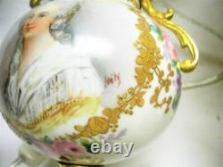 2 Serves Style Hand Painted Portrait Porcelain Brass Ormolu Lamp Pair Works Mint