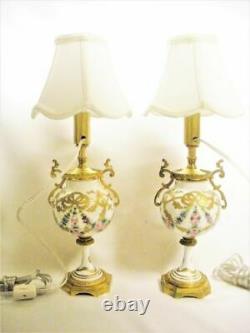 2 Serves Style Hand Painted Portrait Porcelain Brass Ormolu Lamp Pair Works Mint