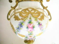 2 Serves Style Hand Painted Portrait Porcelain Brass Ormolu Lamp Pair Works Mint