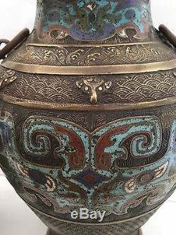 2 Superb Antique Chinese Patinated Bronze Vases Enamel Oriental Signed PAIR