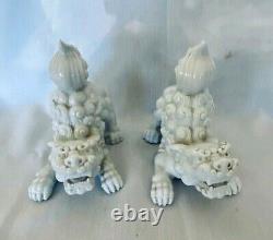 2 Vintage Foo Dogs White Porcelain pair Signed