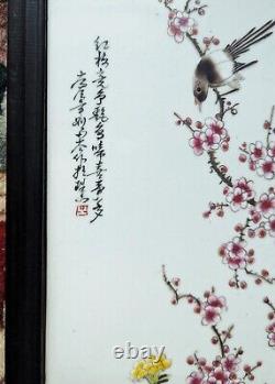 2 Vintage Framed Hand Painted & Signed Chinese Porcelain Plaque 23 x 8 Pair