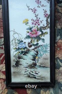 2 Vintage Framed Hand Painted & Signed Chinese Porcelain Plaque 23 x 8 Pair