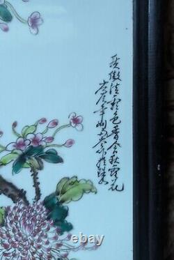 2 Vintage Framed Hand Painted & Signed Chinese Porcelain Plaque 23 x 8 Pair