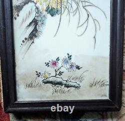 2 Vintage Framed Hand Painted & Signed Chinese Porcelain Plaque 23 x 8 Pair