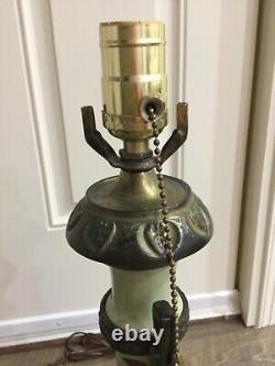 2 Vintage French Celadon Table Lamps Signed Hand Painted Floral Bronze Fitting