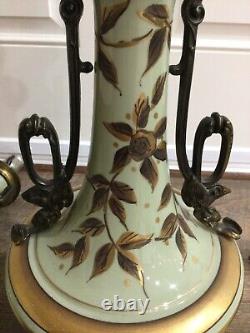 2 Vintage French Celadon Table Lamps Signed Hand Painted Floral Bronze Fitting