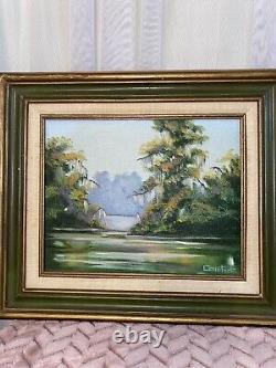 2 Vintage New Orleans Louisiana Swamp Bayou Tree Oil Board Painting Signed Pair