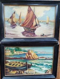 (2) Vintage Original Paintings Spanish Sailboats Beach Water Signed Lopez Pair