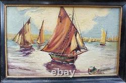 (2) Vintage Original Paintings Spanish Sailboats Beach Water Signed Lopez Pair