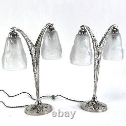 2 X Art Deco Table Lamp Signed Degué 1 Pair Doppelarmleuchten