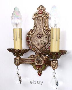 20's Antique Vintage Pair Cast Iron Wall Lamp Lights Sconces Signed