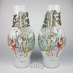 20th 15 Pair Chinese Mirror Twin Fencai Porcelain Poem Vases Calligraphy