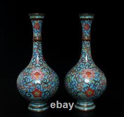 27CM Qianlong Signed Pair Old Chinese Cloisonne Enamel Bronze Vase withflowers