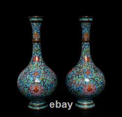 27CM Qianlong Signed Pair Old Chinese Cloisonne Enamel Bronze Vase withflowers