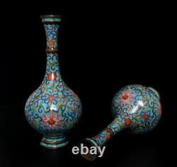 27CM Qianlong Signed Pair Old Chinese Cloisonne Enamel Bronze Vase withflowers