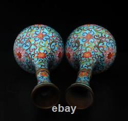 27CM Qianlong Signed Pair Old Chinese Cloisonne Enamel Bronze Vase withflowers