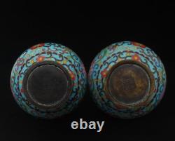 27CM Qianlong Signed Pair Old Chinese Cloisonne Enamel Bronze Vase withflowers