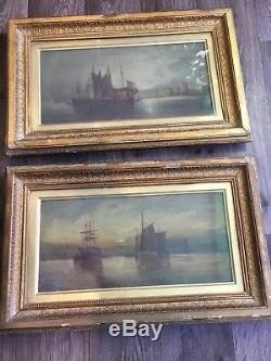 2x PAIR Fine Antique art Richard Nibbs RA 19th century oil canvas Ship maritime