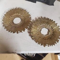 2x Sunburst Starburst SOLID Brass Lamp / Mirror Parts Signed Vintage Art Deco