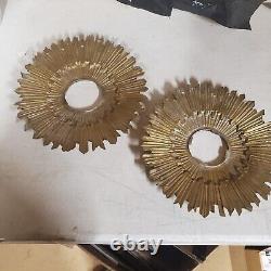 2x Sunburst Starburst SOLID Brass Lamp / Mirror Parts Signed Vintage Art Deco