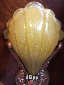 30s Art Deco Signed Riddle Slip Shades Amber Antique Wall Sconce Fixture 1 Of 3