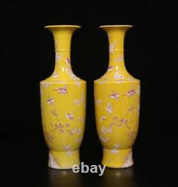 32CM Pair Kangxi Signed Antique Chinese Famille Rose Vase Withbird