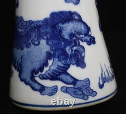 32CM Pair Qianlong Signed Antique Chinese Blue & White Porcelain Vase withlion