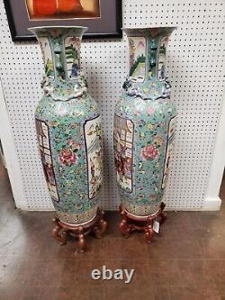 37in Signed Pair Antique Qing Chinese Floor Vase Famille Rose Vase 19th Century