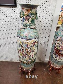 37in Signed Pair Antique Qing Chinese Floor Vase Famille Rose Vase 19th Century