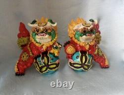 5 Chinese Pair Wucai Porcelain Koji Pottery Foo Dog Lion Fengshui Stamped RARE